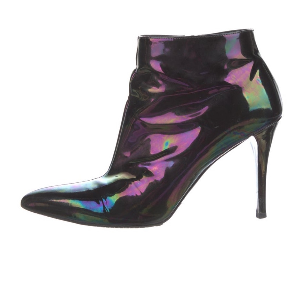 STUART WEITZMAN Carltone Oil Slick Metallic Iridescent Patent Ankle Booties
